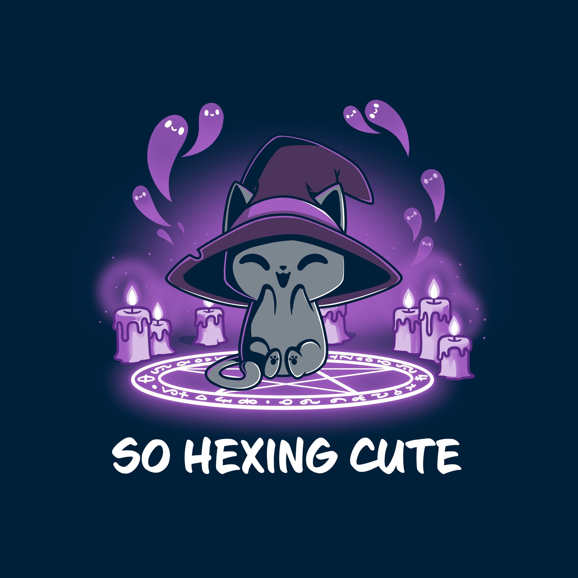 Long Sleeve T-shirt_TeeTurtle navy blue So Hexing Cute. Featuring a cat with a witch hat sitting in the middle of a summoning pentagram.