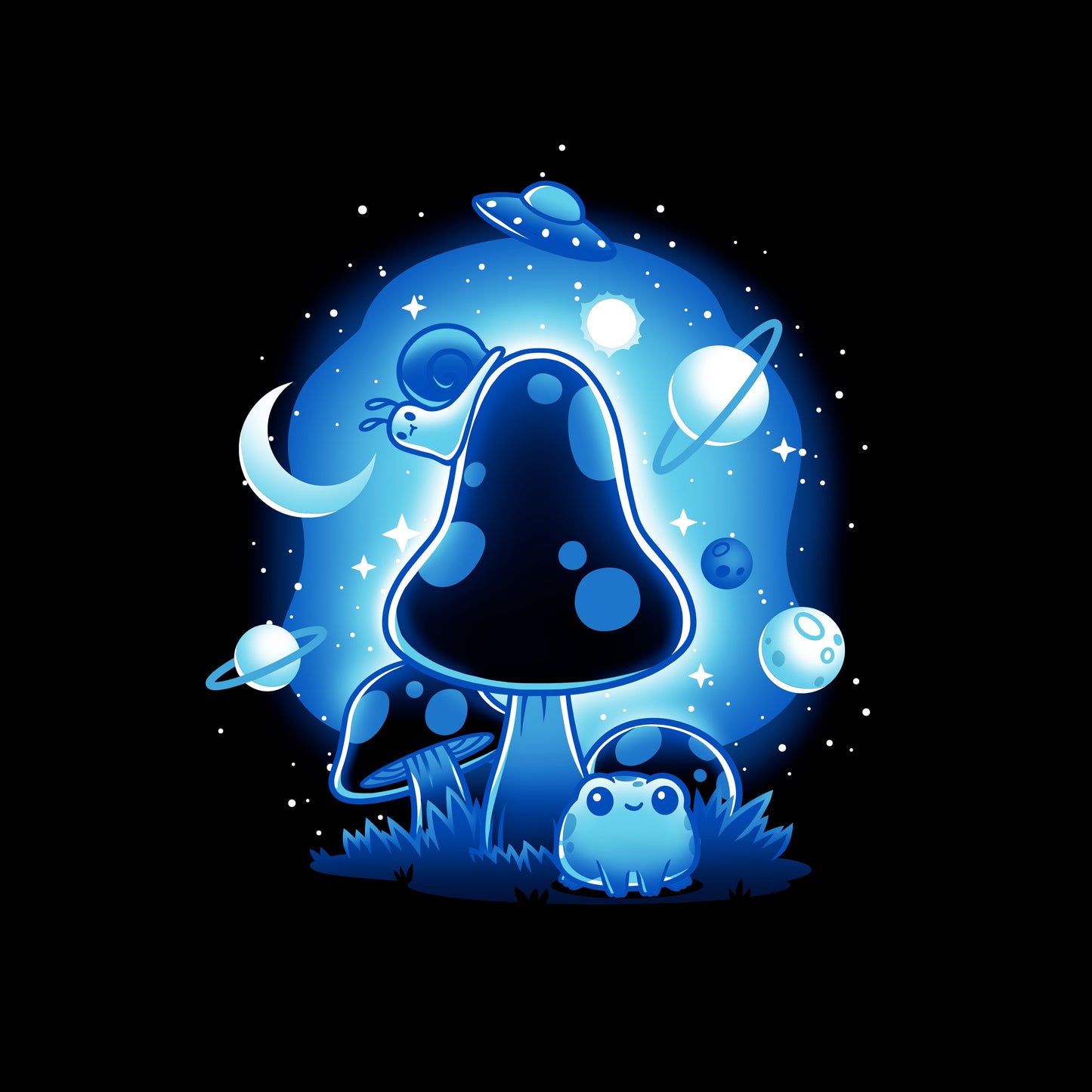 Classic Cotton T-shirt_TeeTurtle So Mushroom in Space black t-shirt featuring a glowing blue mushroom with a frog at its base, surrounded by planets, a crescent moon, stars, and a UFO in the night sky.