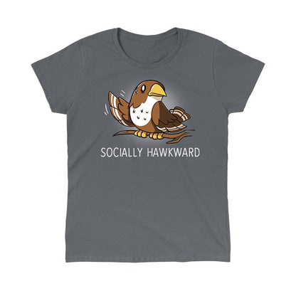 Classic Cotton T-shirt_Teeturtle Socially Hawkward Charcoal Gray Featuring a Hawk sitting on a branch looking nervous as it waves its wing awkwardly.