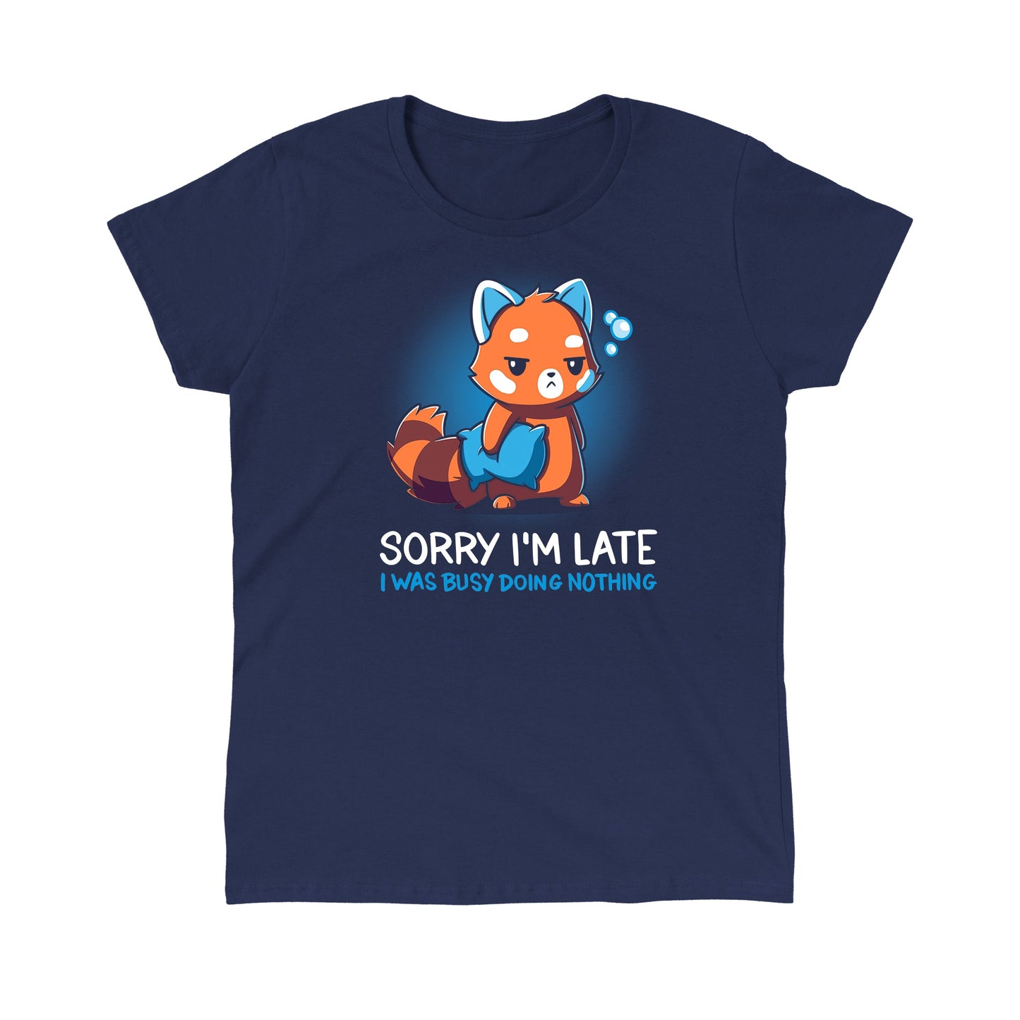 Classic Cotton T-shirt_TeeTurtle Sorry I'm Late navy blue t-shirt featuring a sarcastic red panda holding a pillow looking tired.