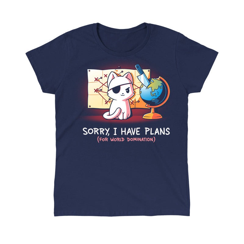 Classic Cotton T-shirt_TeeTurtle Sorry, I Have Plans navy blue t-shirt featuring a cat with an eyepatch, sitting in front of a map and globe with a knife.