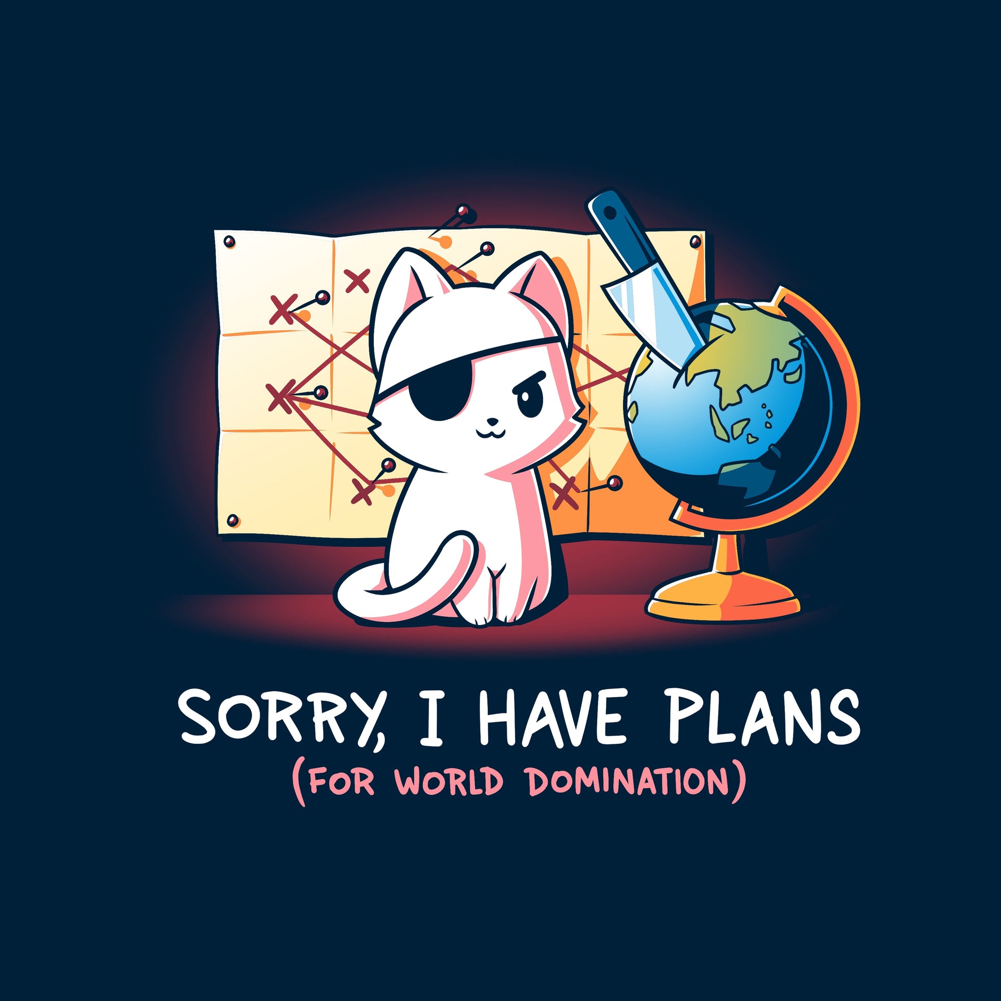 Long Sleeve T-shirt_TeeTurtle Sorry, I Have Plans navy blue t-shirt featuring a cat with an eyepatch, sitting in front of a map and globe with a knife.