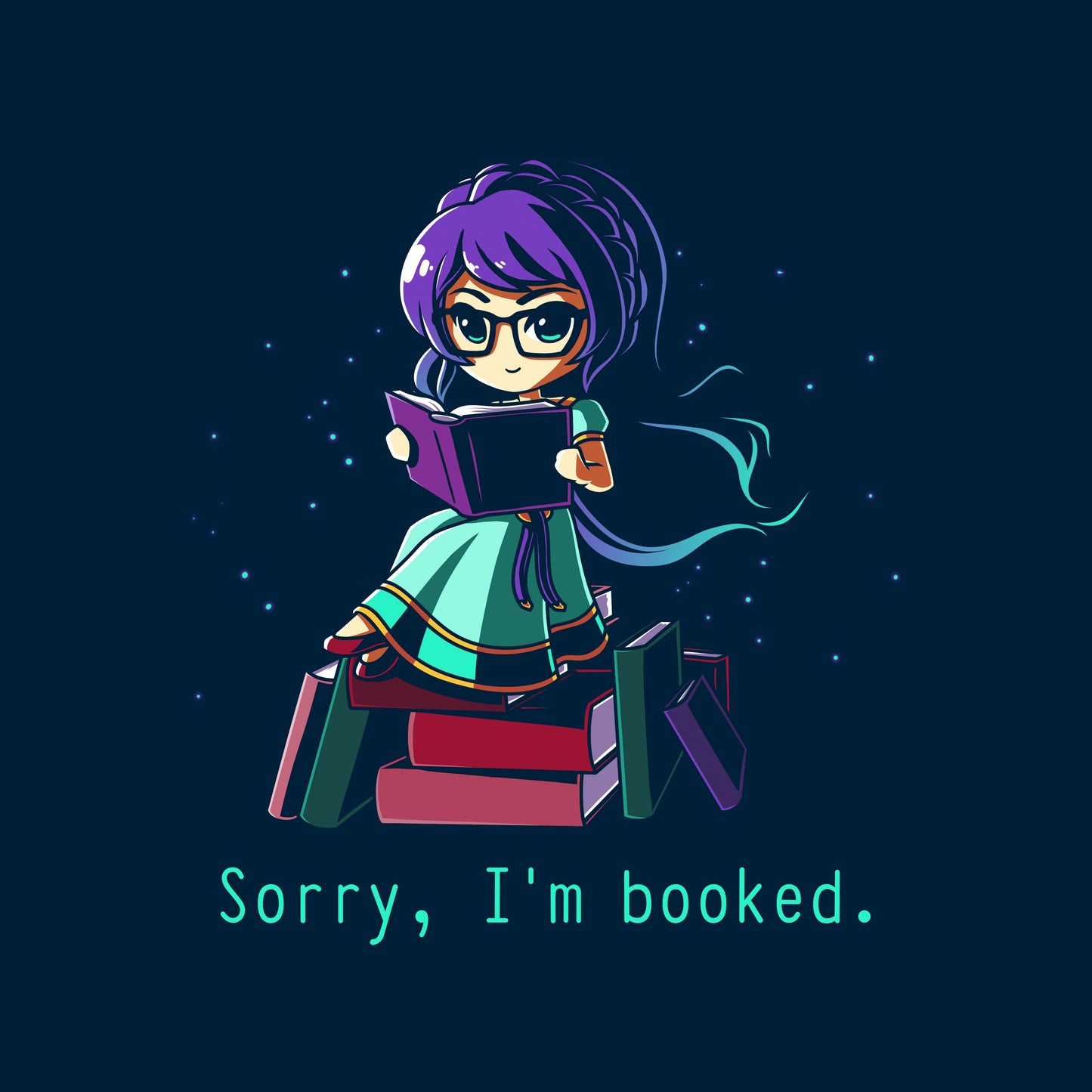 Classic Cotton T-shirt_TeeTurtle navy blue Sorry I'm Booked]. Featuring a girl sitting on a pile of books reading.