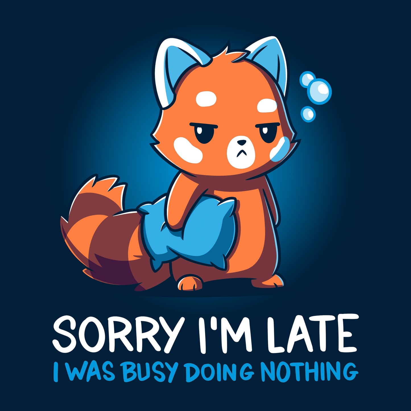 Classic Cotton T-shirt_TeeTurtle Sorry I'm Late navy blue t-shirt featuring a sarcastic red panda holding a pillow looking tired.