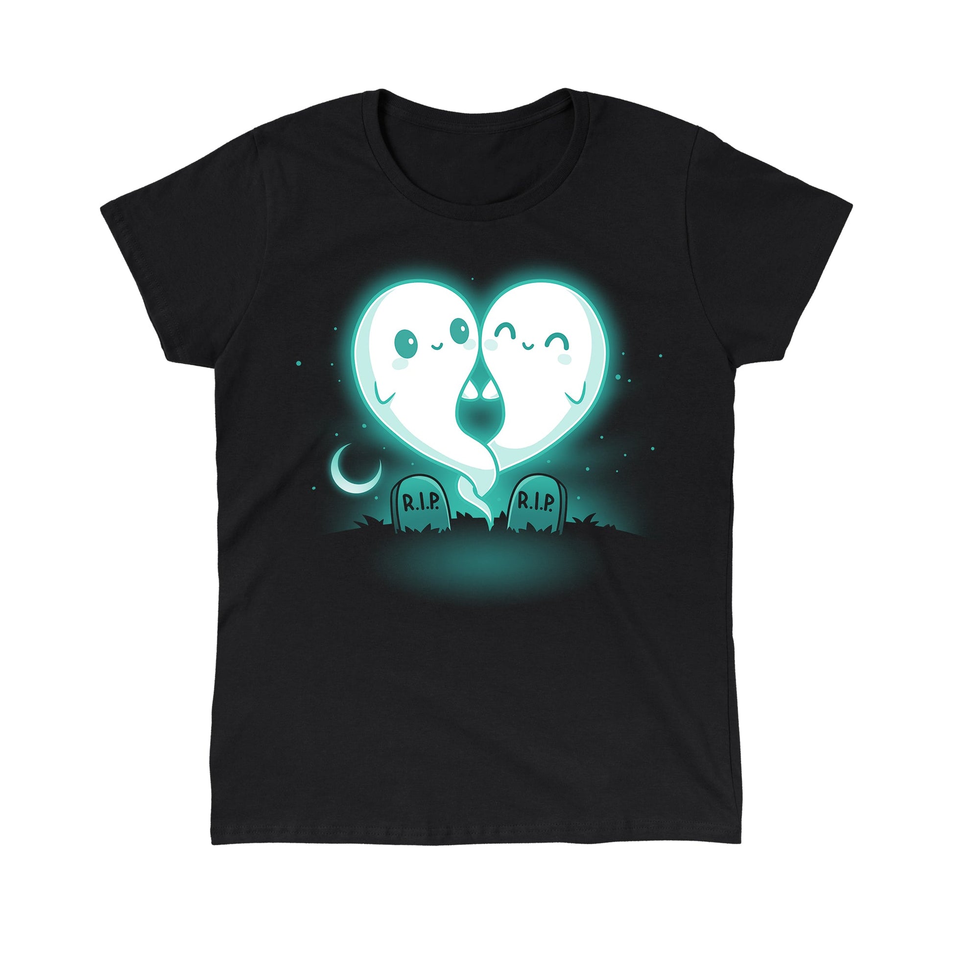 Classic Cotton T-shirt_TeeTurtle Soulmates black t-shirt featuring two glowing ghost figures, forming a heart shape, float above two gravestones that read "R.I.P."