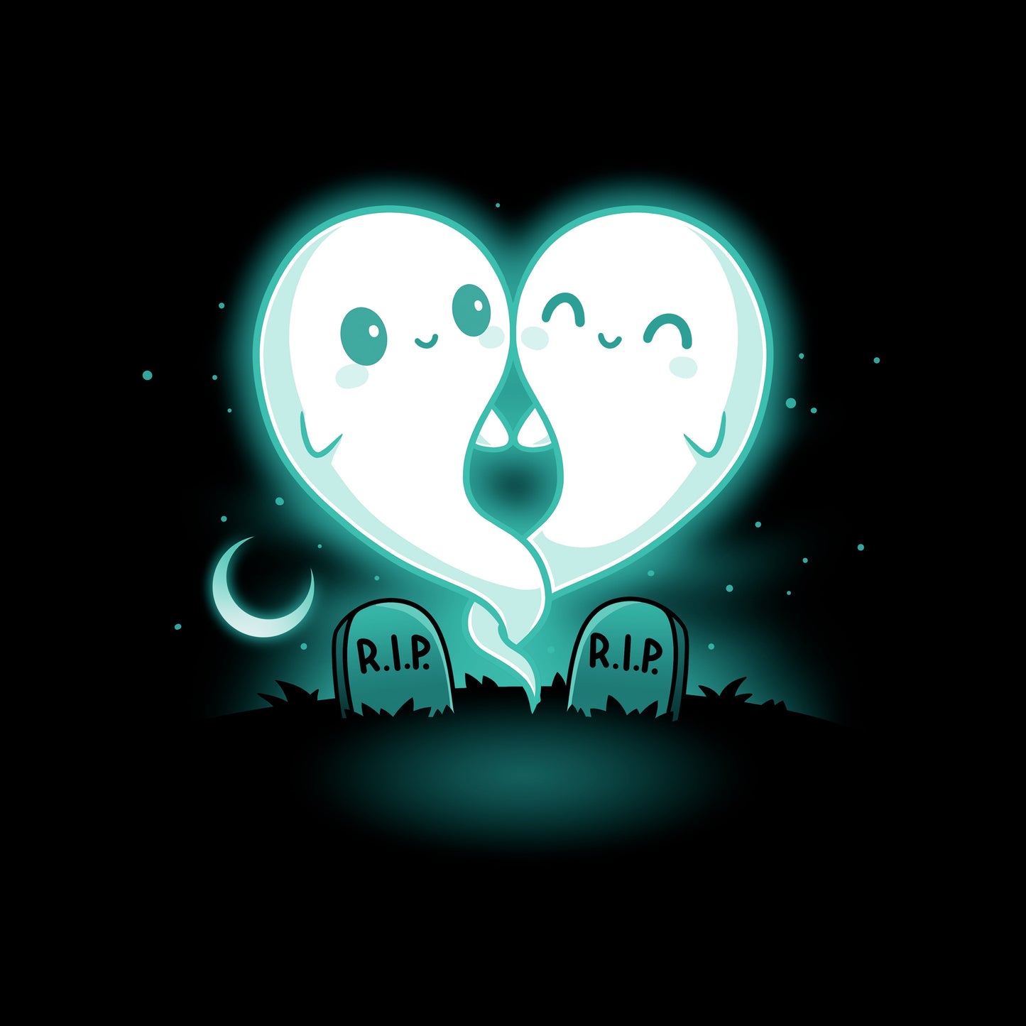 Crew Neck Sweatshirt_TeeTurtle Soulmates black design featuring two glowing ghost figures, forming a heart shape, float above two gravestones that read "R.I.P."