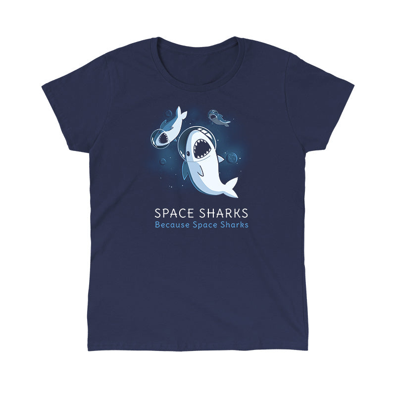 Classic Cotton T-shirt_TeeTurtle Space Sharks navy blue t-shirt featuring an illustration of three sharks with their mouths open showing teeth wearing air helmets floating in space with blue moons and stars in the background. The words "SPACE SHARKS Because Space sharks" are written underneath.