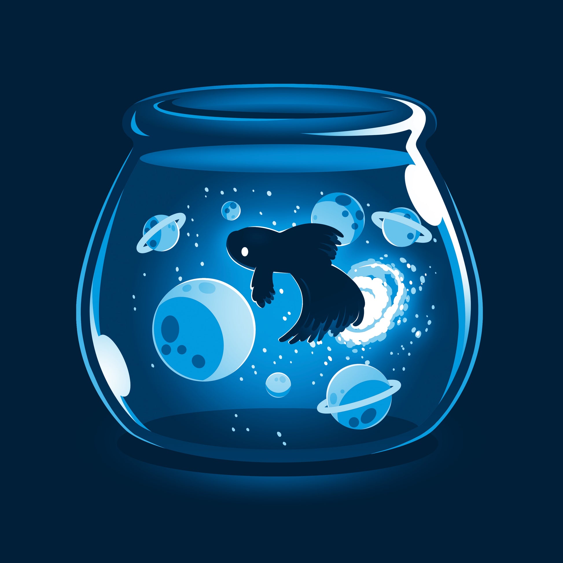 Classic Cotton T-shirt_TeeTurtle Space Betta navy blue t-shirt featuring a glowing fish swimming among planets and stars inside a fishbowl.