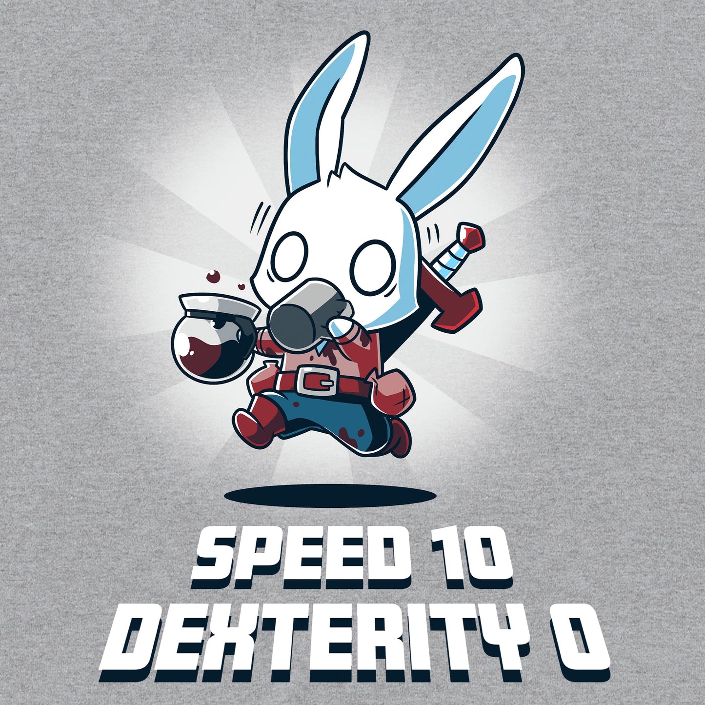 Classic Cotton T-shirt_Teeturtle Speed 10, Dexterity 0 heather gray t-shirt featuring a fantasy adventurer rabbit, their clothes stained with coffee running with jittery eyes while holding a coffee pot and drinking a mug of coffee with the words 'Speed 10 Dexterity 0.' written beneath the image.