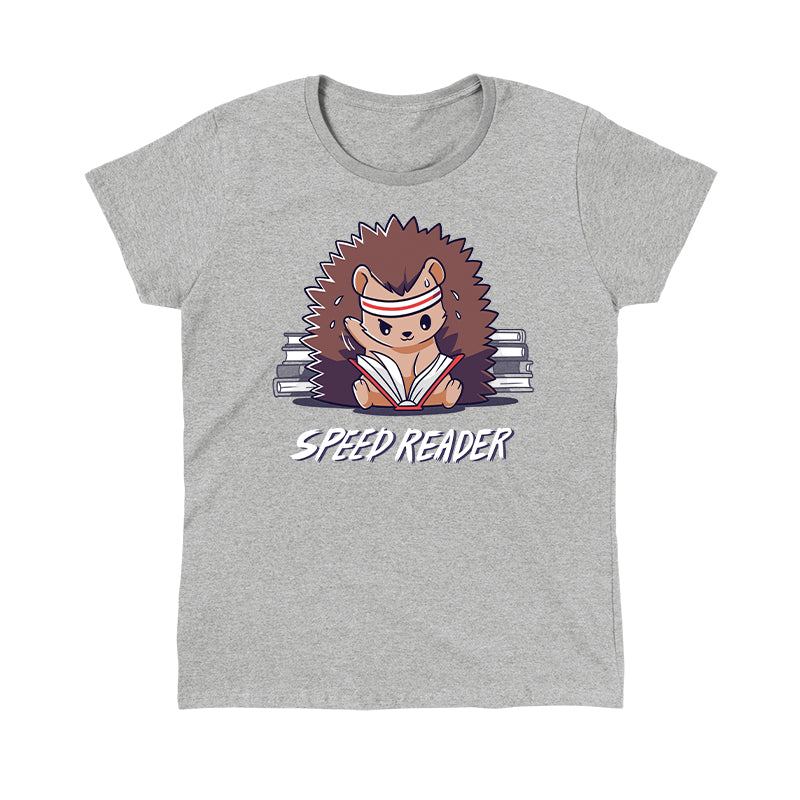 Classic Cotton T-shirt_TeeTurtle Speed Reader heather gray t-shirt featuring a sweating hedgehog in a sweatband rapidly reading books with the words 'Speed Reader' below.