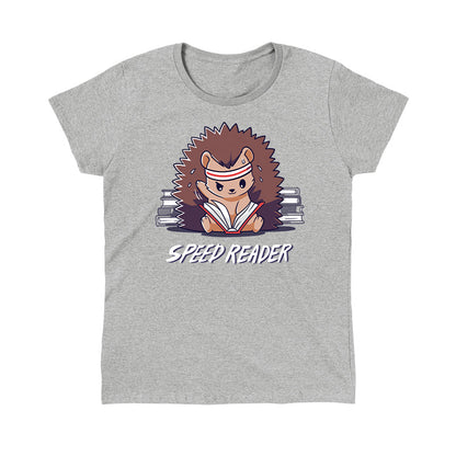 Classic Cotton T-shirt_TeeTurtle Speed Reader heather gray t-shirt featuring a sweating hedgehog in a sweatband rapidly reading books with the words 'Speed Reader' below.