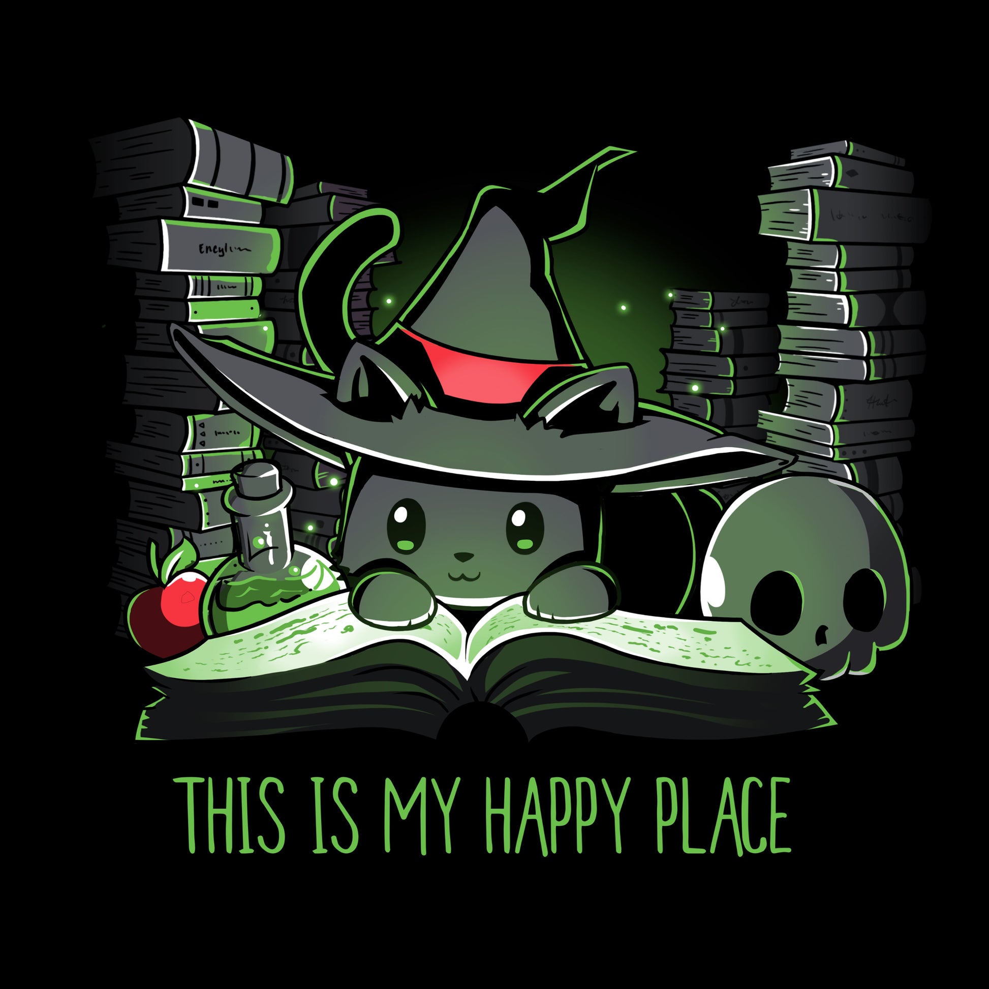 Long Sleeve T-shirt_TeeTurtle black Spellbound. Featuring a black cat wearing a witch hat surrounded by spellbooks and witchcraft paraphernalia.