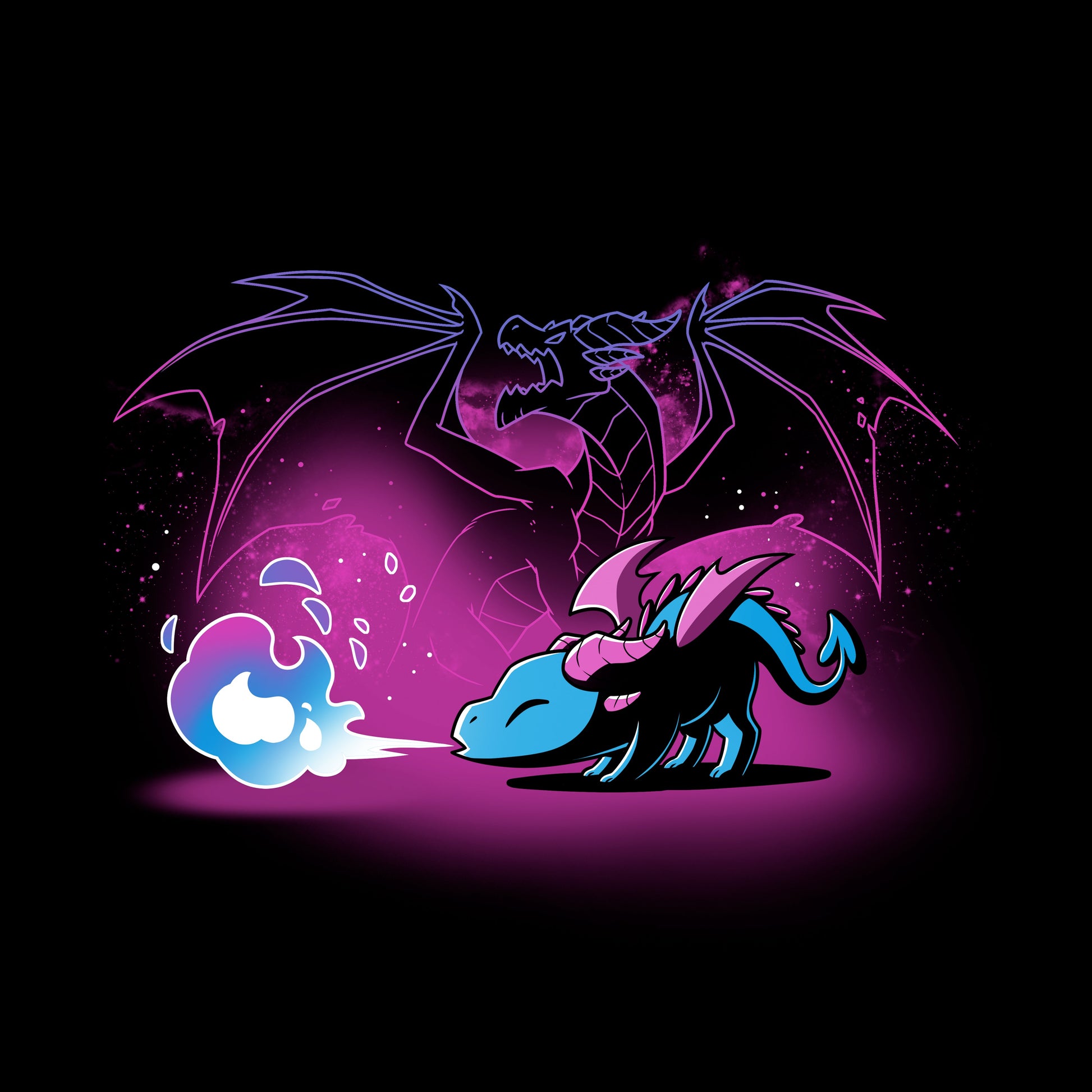 Classic Cotton T-shirt_TeeTurtle Spirit of the Dragon black t-shirt featuring a shiny magical little dragon breathing blue and purple fire with a silhouette of a big fierce dragon behind them.