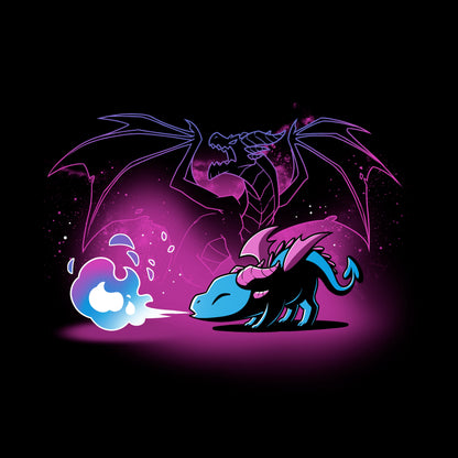 Classic Cotton T-shirt_TeeTurtle Spirit of the Dragon black t-shirt featuring a shiny magical little dragon breathing blue and purple fire with a silhouette of a big fierce dragon behind them.