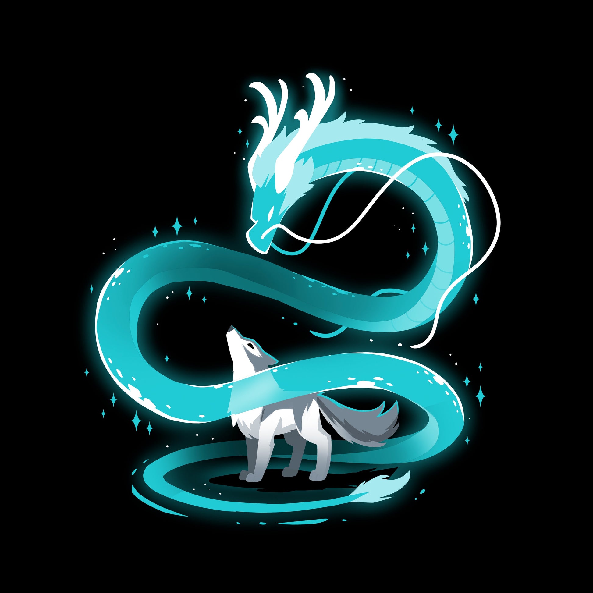 Classic Cotton T-shirt_A glowing blue dragon spirals above a gray wolf, who looks upward in a black background. Both creatures are enveloped in an ethereal light, creating a mystical Spirit of the Moon scene on this super soft ringspun cotton black apparel by monsterdigital.