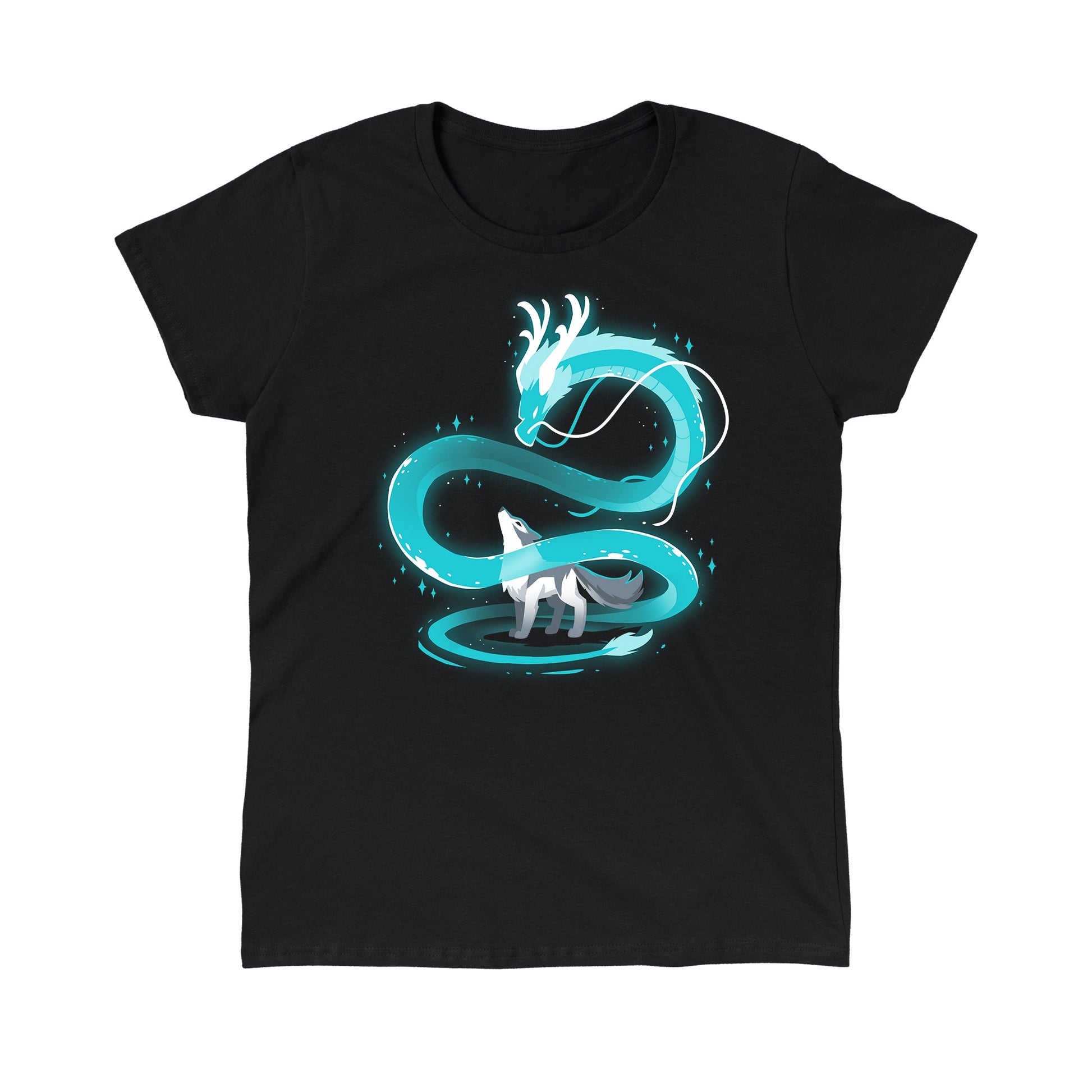 Classic Cotton T-shirt_A glowing blue dragon spirals above a gray wolf, who looks upward in a black background. Both creatures are enveloped in an ethereal light, creating a mystical Spirit of the Moon scene on this super soft ringspun cotton black apparel by monsterdigital.