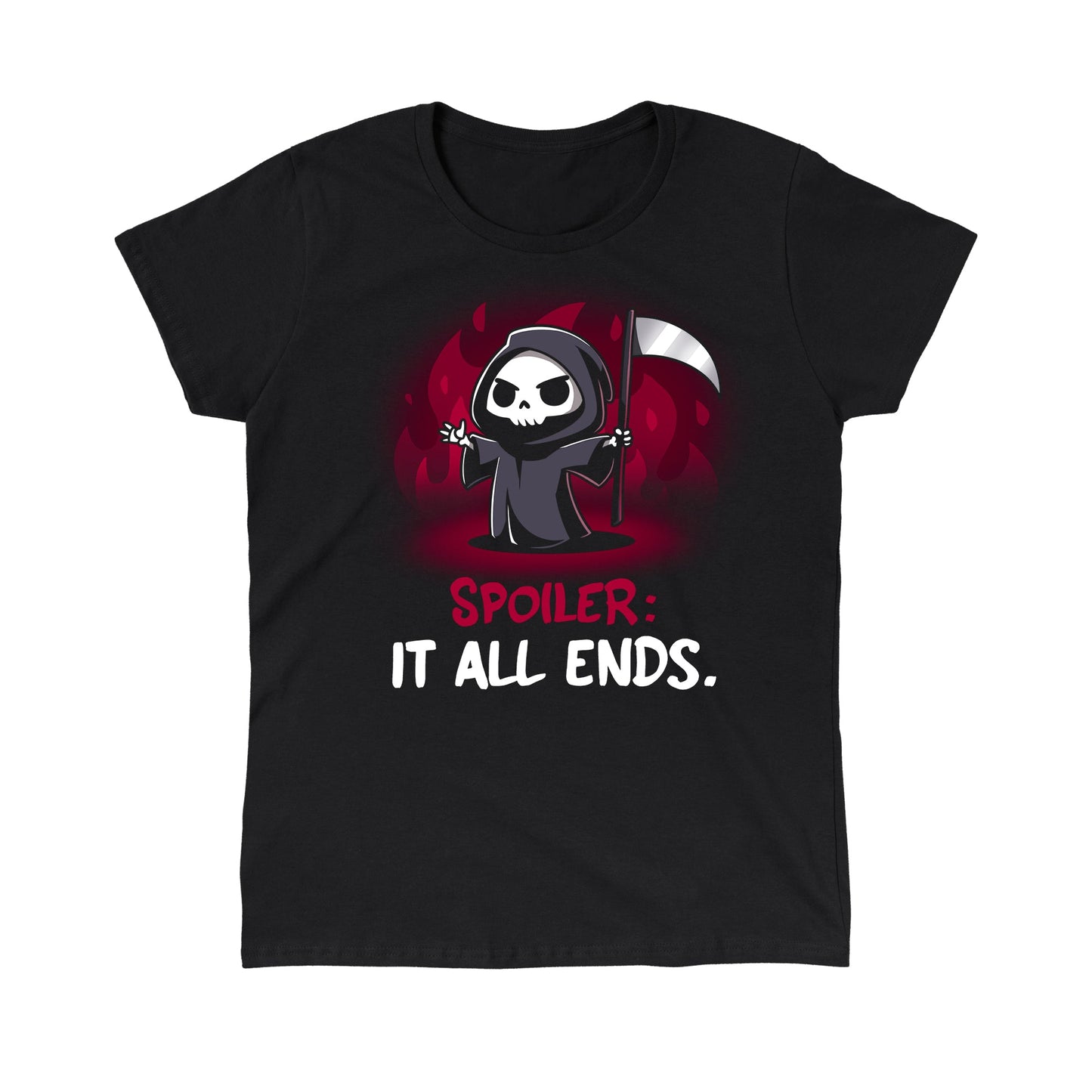 Classic Cotton T-shirt_TeeTurtle Spoiler: It All Ends. black t-shirt featuring a dark and dangerous Grim Reaper in front of red flames.