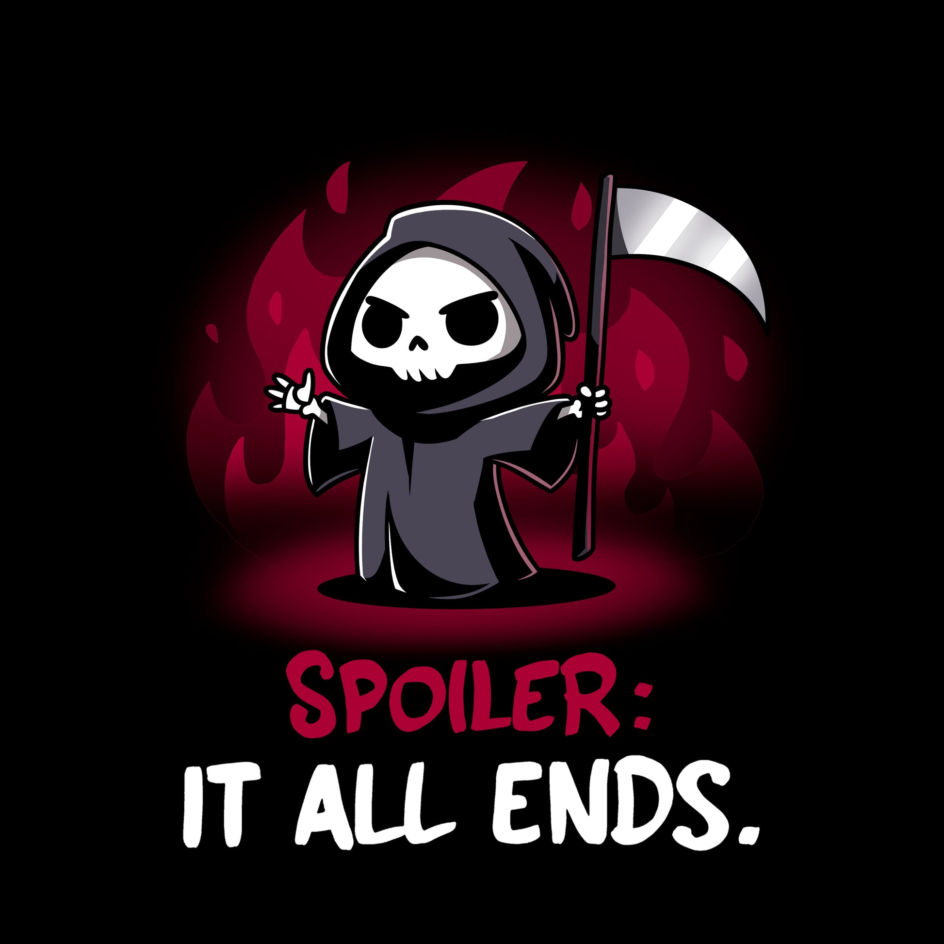 Classic Cotton T-shirt_TeeTurtle Spoiler: It All Ends. black t-shirt featuring a dark and dangerous Grim Reaper in front of red flames.