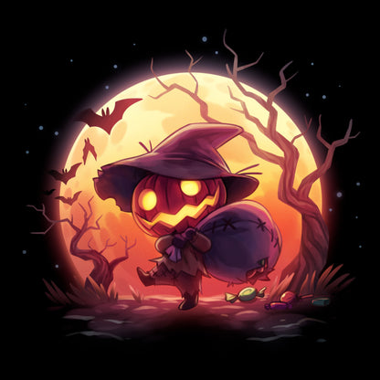 Pullover Hoodie_TeeTurtle black Spooky Scarecrow featuring a pumpkin scarecrow in a spooky forest carrying a torn sack of Halloween candy.