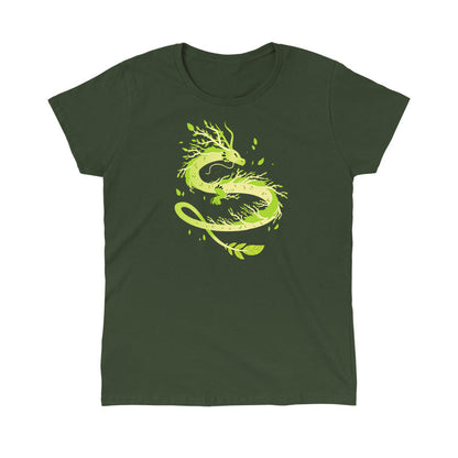 Classic Cotton T-shirt_TeeTurtle Spring Dragon forest green t-shirt featuring a dragon with leafy branches and vines emerging from its body.