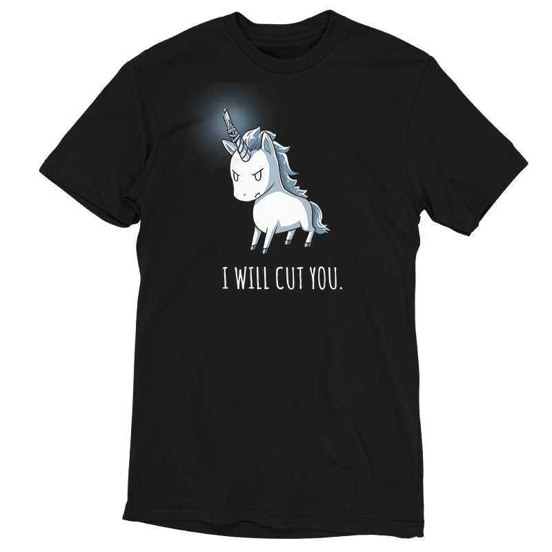 Premium Cotton T-shirt_Black apparel featuring Stabby the Unicorn with a fierce expression and the text "I WILL CUT YOU" printed below. Made from super soft ringspun cotton for ultimate comfort. Product Name: Stabby the Unicorn by brand monsterdigital.