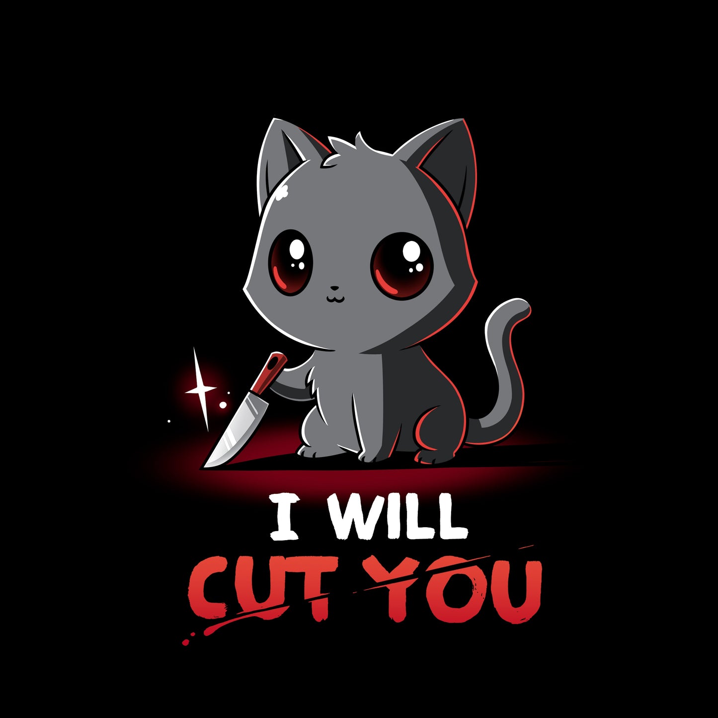 Classic Cotton T-shirt_TeeTurtle Stabby The Kitty black t-shirt featuring a grey cat holding a small knife with text that reads "I Will Cut You."