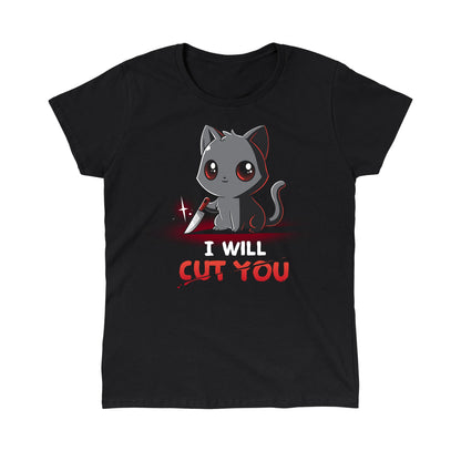 Classic Cotton T-shirt_TeeTurtle Stabby The Kitty black t-shirt featuring a grey cat holding a small knife with text that reads "I Will Cut You."