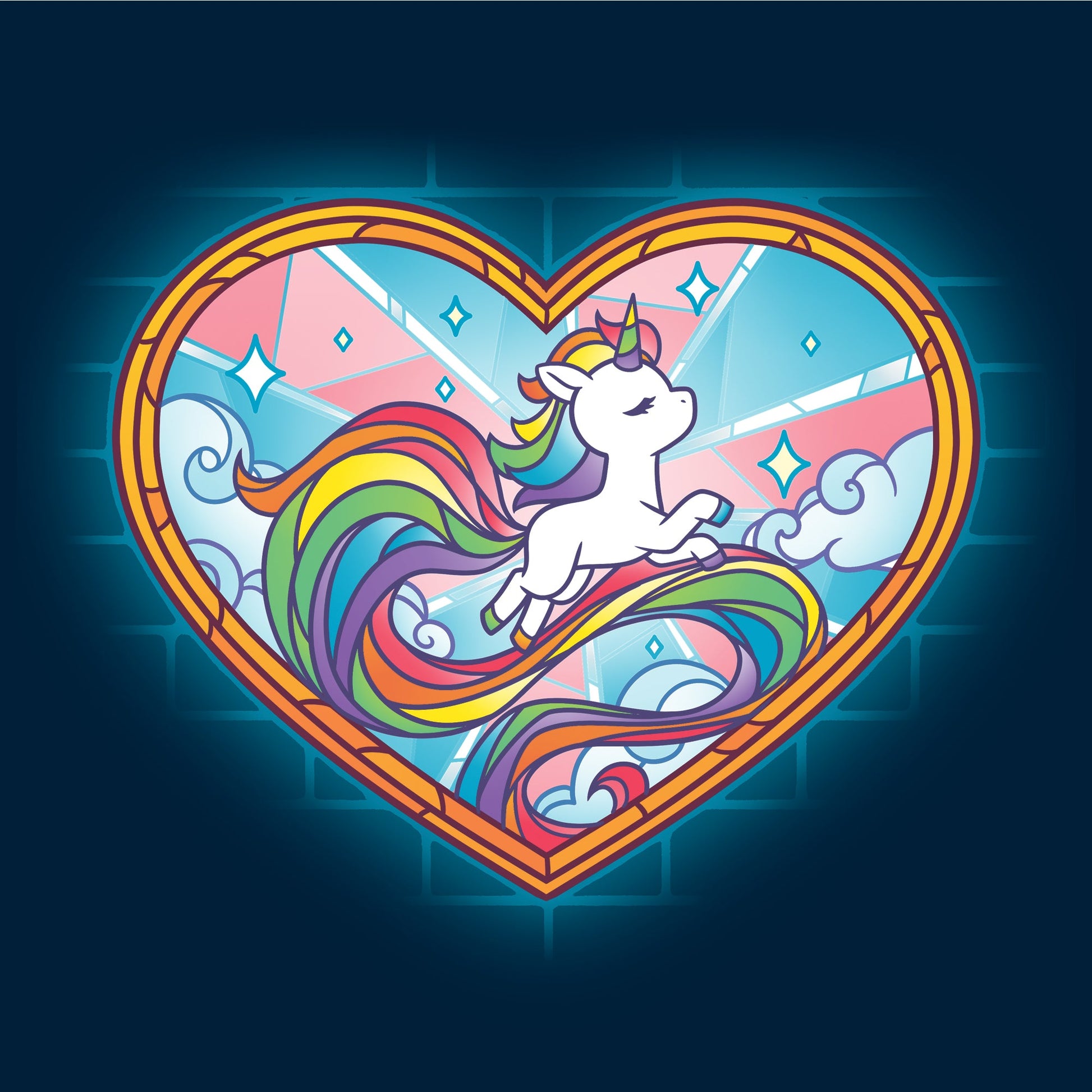 Pullover Hoodie_TeeTurtle Stained Glass Unicorn navy blue t-shirt featuring an artistic pride unicorn with a long rainbow tail in a stained glass style heart with clouds and sparkles.