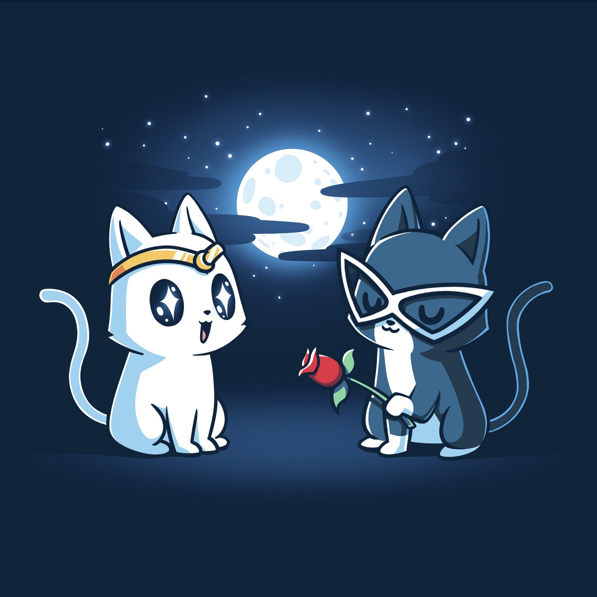 Classic Cotton T-shirt_TeeTurtle Star-Crossed Lovers navy blue t-shirt featuring a white cat with large, black starry eyes wearing a gold headband and a gray cat wearing white glasses looking smitten holding a red rose. The background features a full moon surrounded by clouds and stars. 