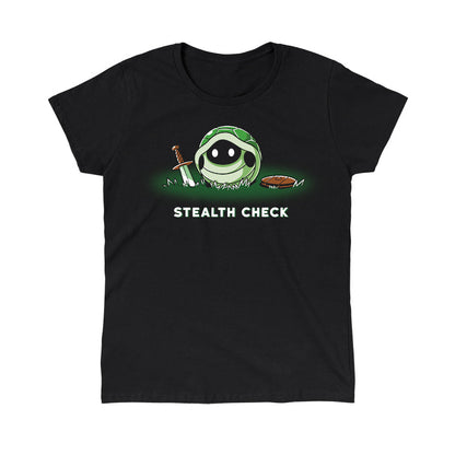 Classic Cotton T-shirt_TeeTurtle Stealth Check (Turtle) black t-shirt featuring a cartoon turtle shell with a fantasy sword and shield beside it and glowing white eyes inside the shell is accompanied by the text "Stealth Check".