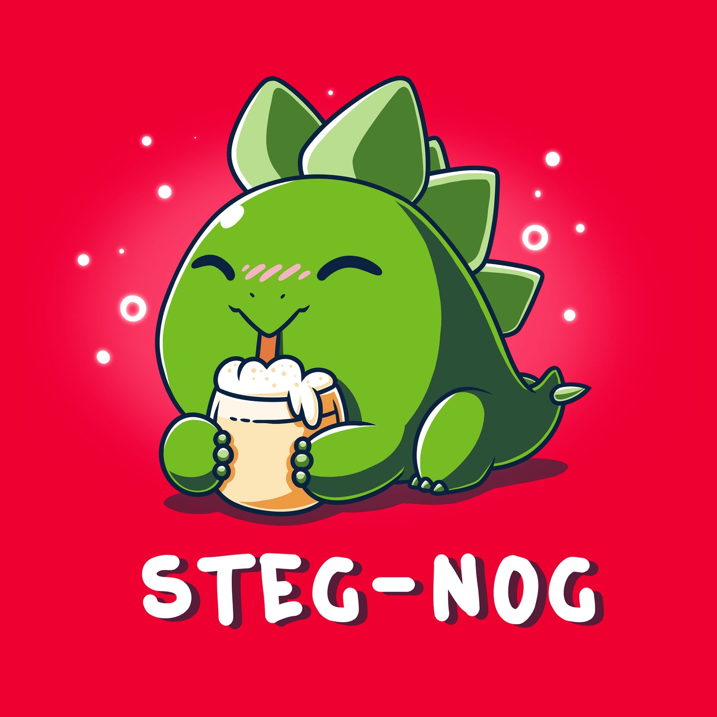 Classic Cotton T-shirt_TeeTurtle Steg-nog red t-shirt featuring a stegosaurus dinosaur drinking holiday egg nog with a pun underneath.