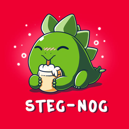 Classic Cotton T-shirt_TeeTurtle Steg-nog red t-shirt featuring a stegosaurus dinosaur drinking holiday egg nog with a pun underneath.