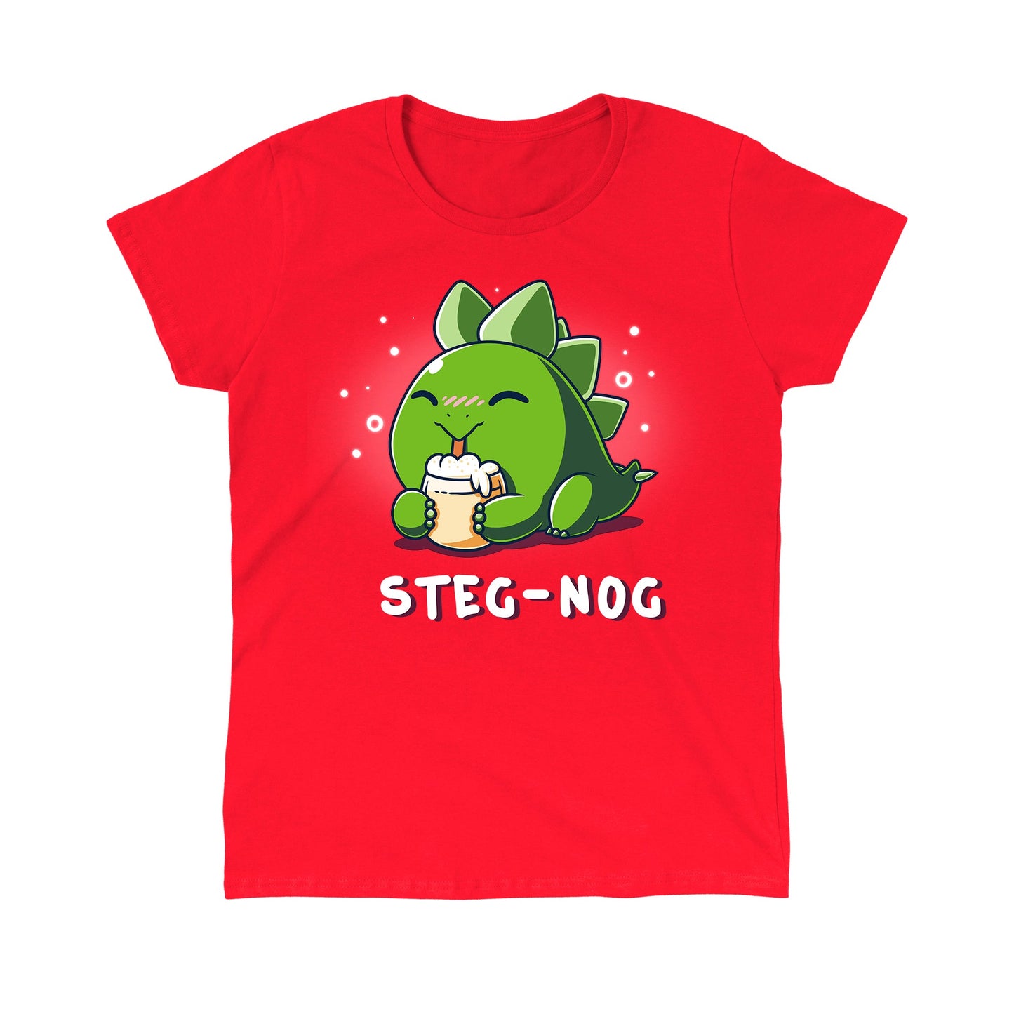 Classic Cotton T-shirt_TeeTurtle Steg-nog red t-shirt featuring a stegosaurus dinosaur drinking holiday egg nog with a pun underneath.