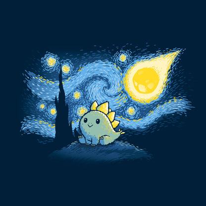 Classic Cotton T-shirt_TeeTurtle Stego Night navy blue t-shirt featuring an illustration of a cute dinosaur with stegosaurus-like plates, set against a "Starry Night"-inspired background.