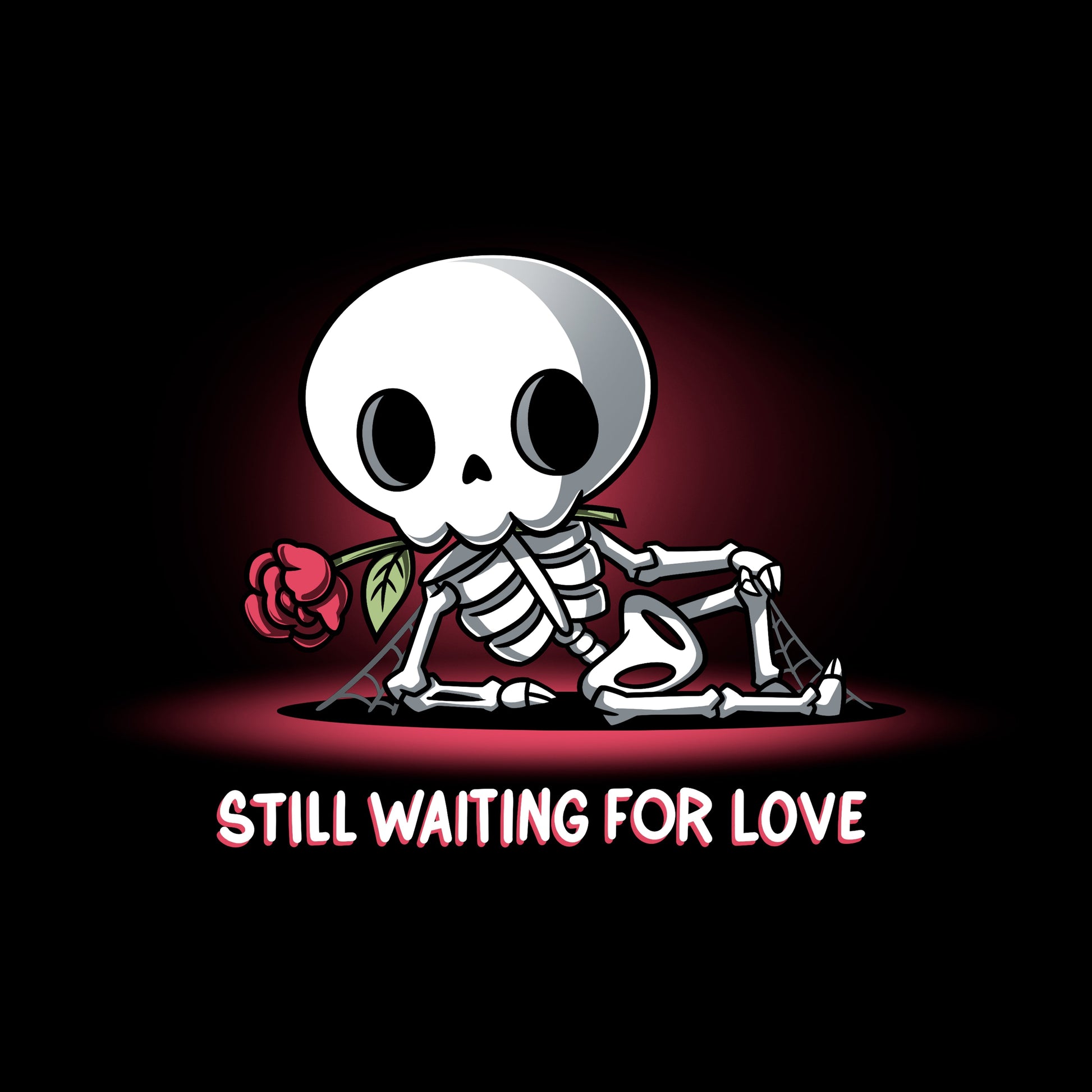 Pullover Hoodie_TeeTurtle Still Waiting For Love black design featuring a skeleton holding a red rose and lying on the ground with the text "Still Waiting for Love."