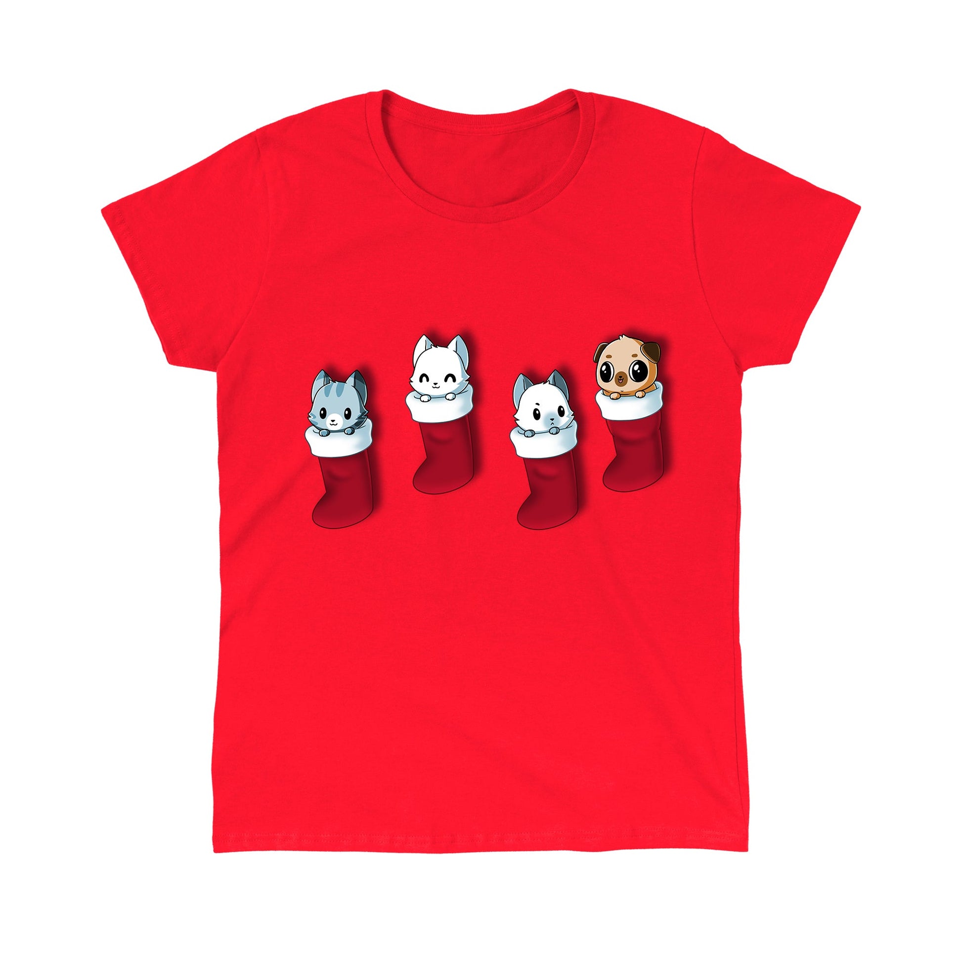 Classic Cotton T-shirt_TeeTurtle Stocking Stuffers red t-shirt featuring a group of three cats and pug puppy looking cute in Christmas stockings.