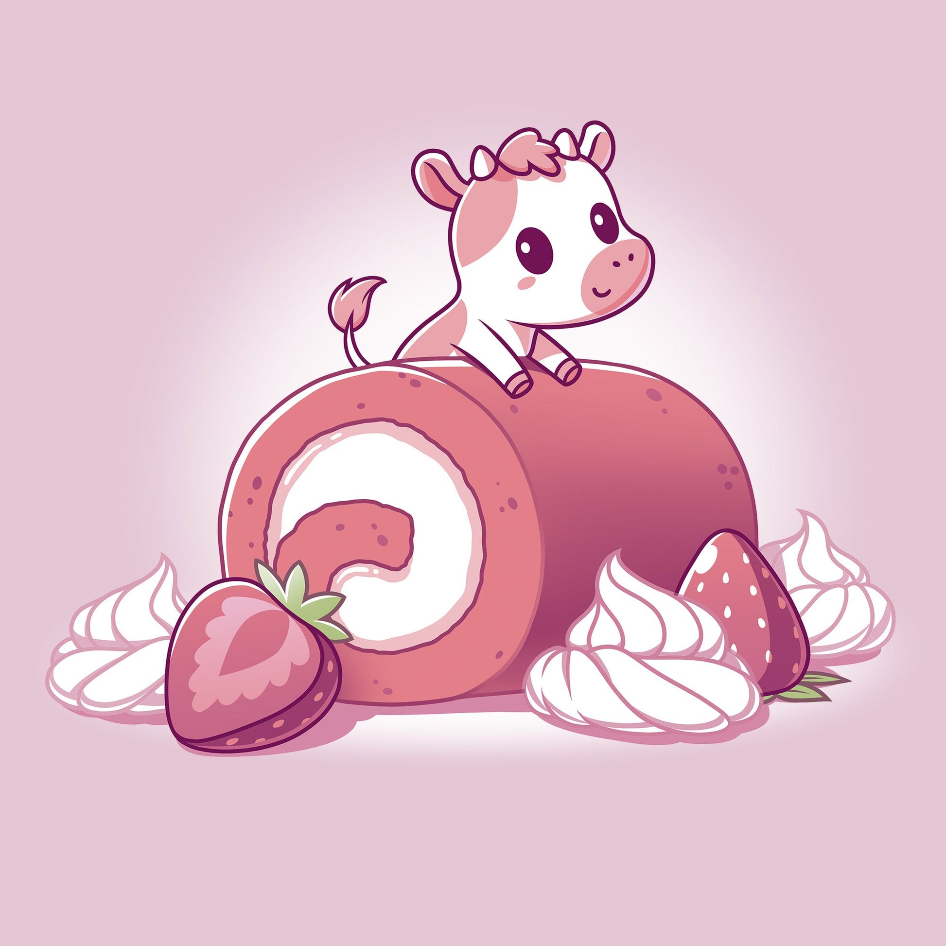 Classic Cotton T-shirt_TeeTurtle light pink Strawberry Roll Cow t-shirt featuring a pink cow perched on a strawberry roll.