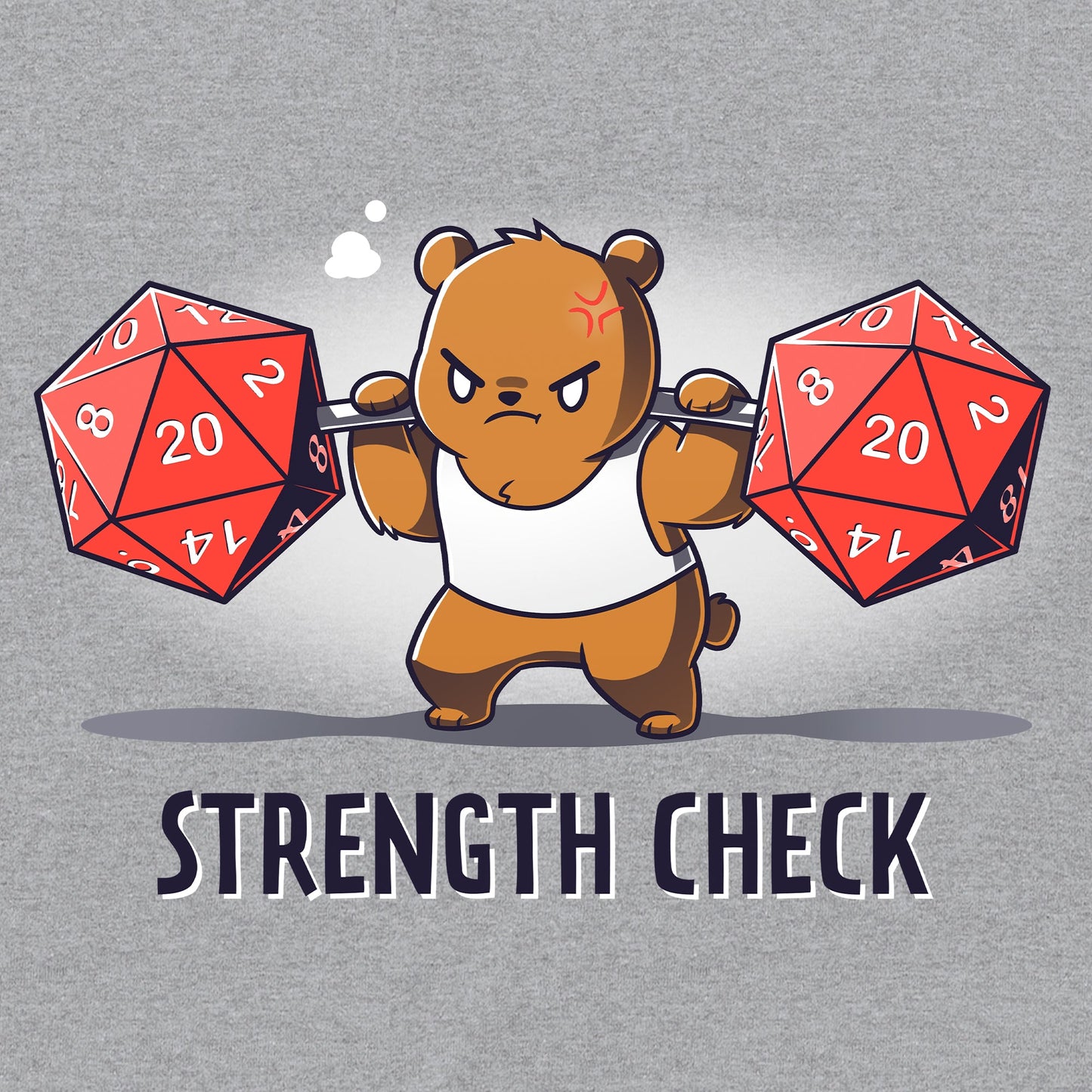 Classic Cotton T-shirt_TeeTurtle Strength Check heather gray t-shirt featuring a determined brown bear in a sleeveless workout shirt who lifts two large red 20-sided dice on a bar while straining, with "Strength Check" written below.