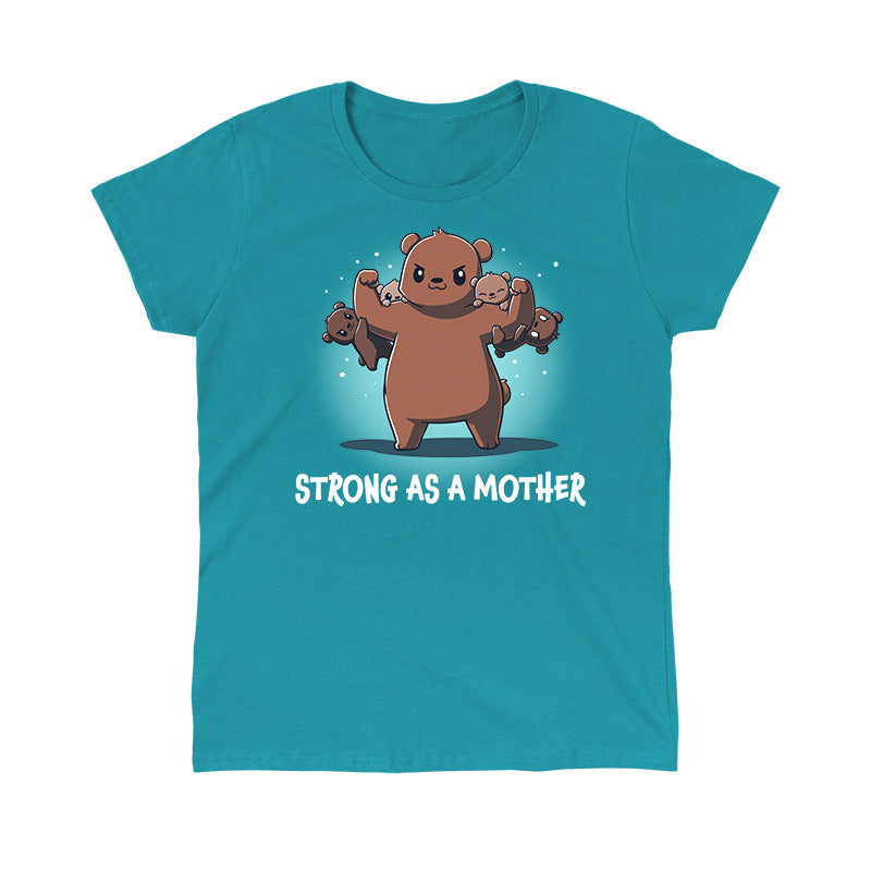 Classic Cotton T-shirt_TeeTurtle Strong as a Mother tropical blue t-shirt featuring a strong bear lifting four smaller bears with the caption "Strong as a Mother."