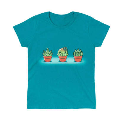 Premium Cotton T-shirt_TeeTurtle Succulent Surprise Tropical Blue t-shirt featuring a round kawaii & sweet succulent with a flower bow in the middle of two other succulents. 