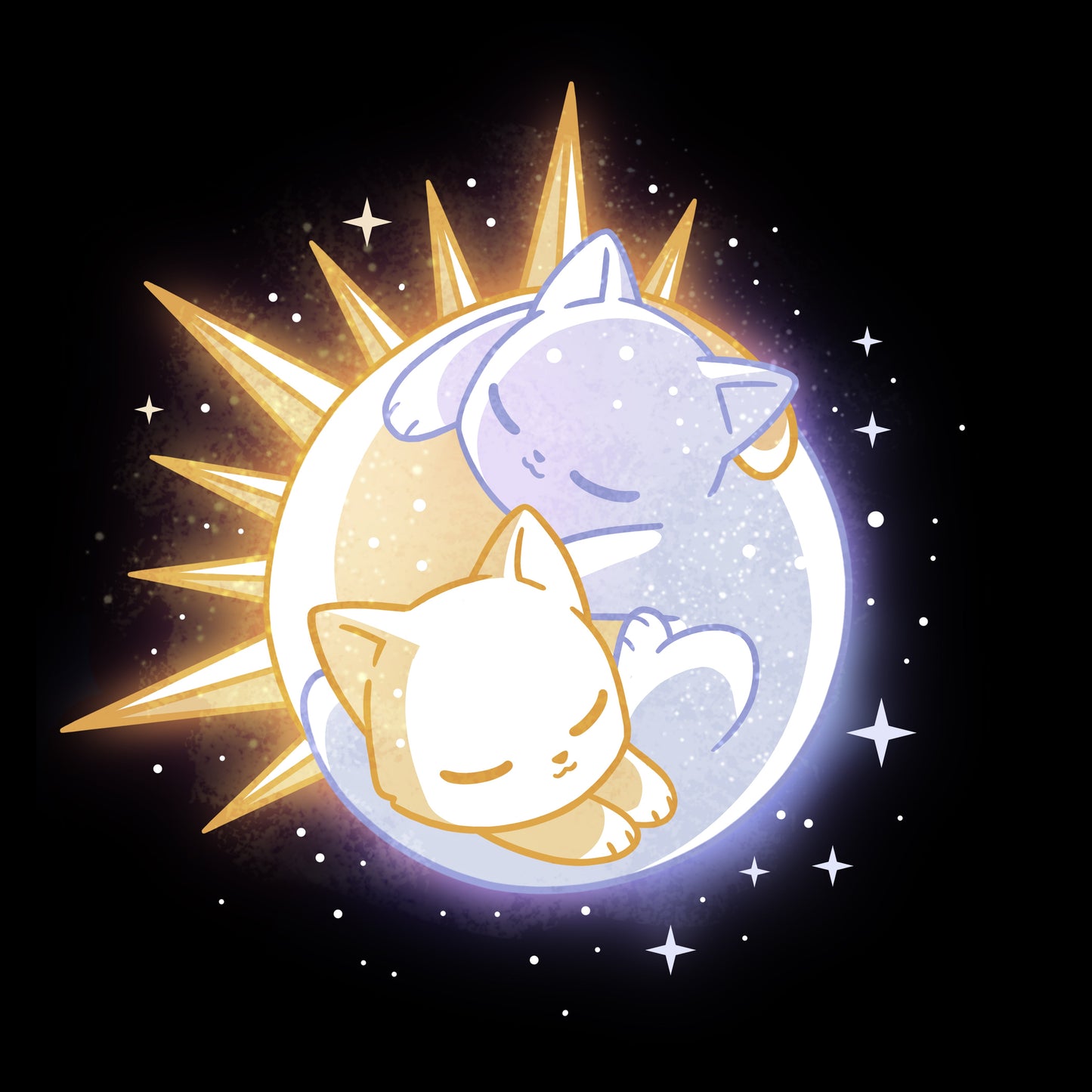 Pullover Hoodie_TeeTurtle black Sun & Moon Kitties apparel featuring a sun cat and moon cat sleeping together in a yin-yang formation.