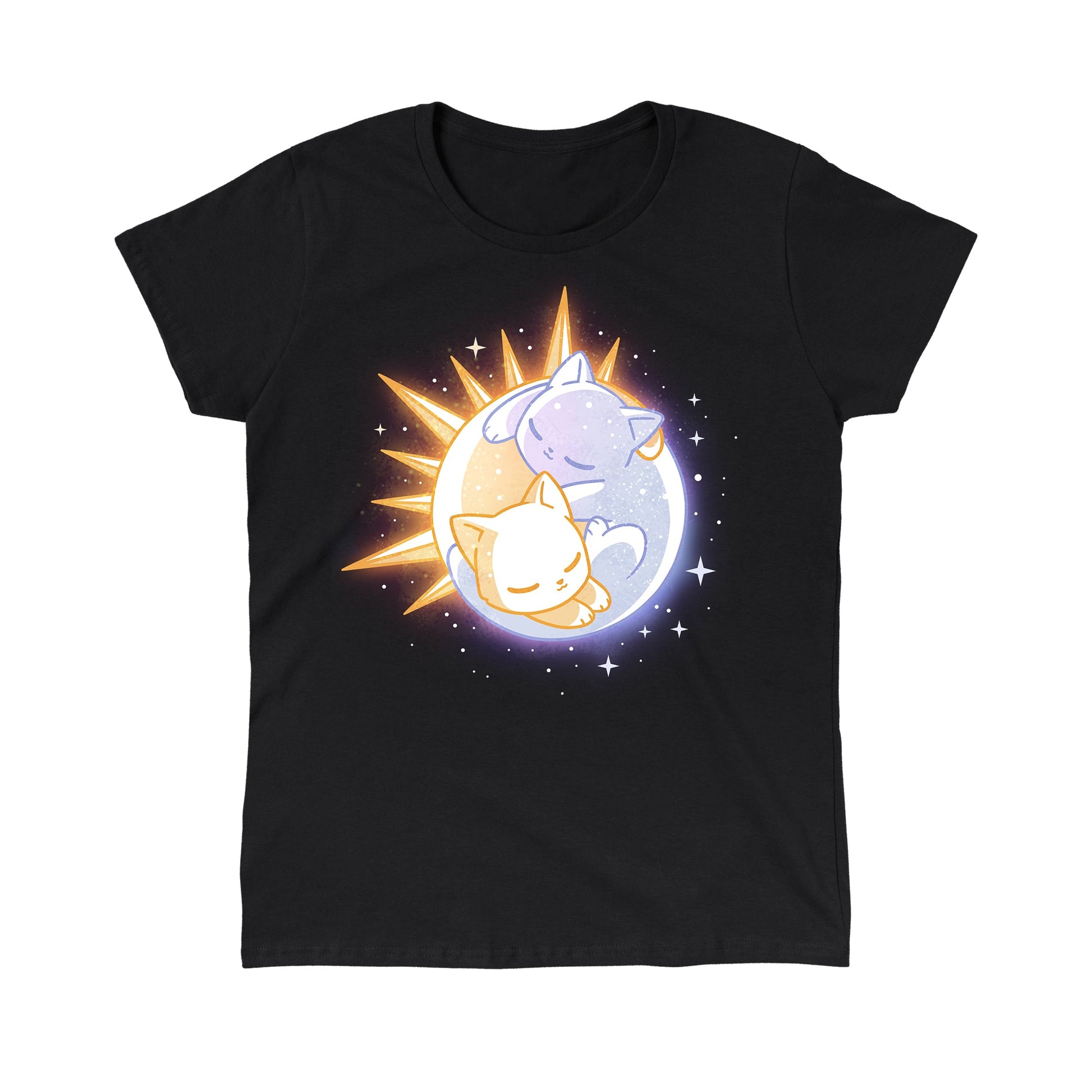 Classic Cotton T-shirt_TeeTurtle black Sun & Moon Kitties apparel featuring a sun cat and moon cat sleeping together in a yin-yang formation.