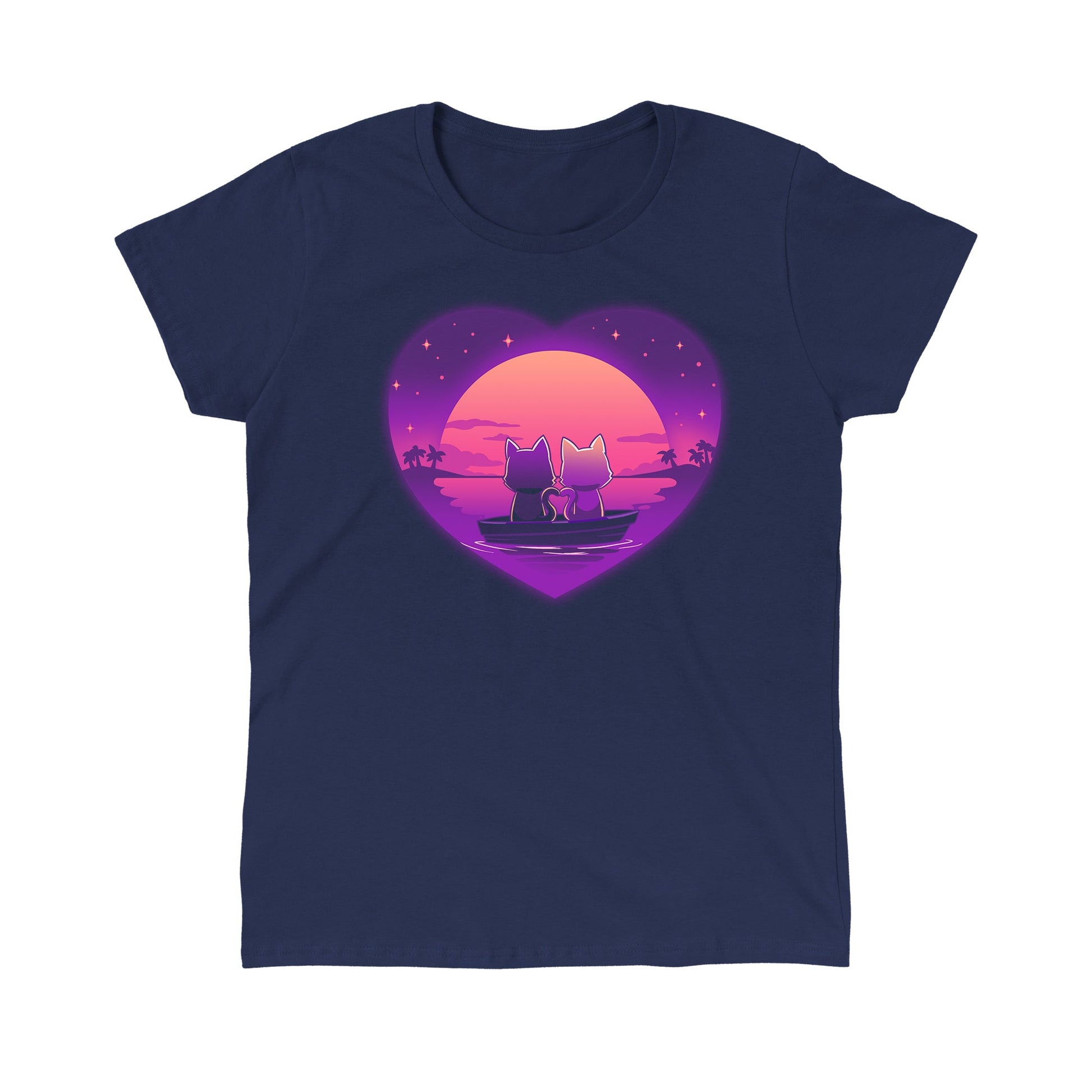 Classic Cotton T-shirt_TeeTurtle Sunset Romance navy blue t-shirt featuring two cats sitting in a boat on calm water, gazing at a colorful sunset framed by a heart shape, with a starry sky and palm trees in the background.