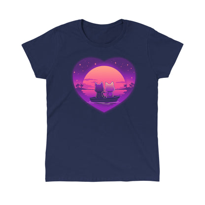 Classic Cotton T-shirt_TeeTurtle Sunset Romance navy blue t-shirt featuring two cats sitting in a boat on calm water, gazing at a colorful sunset framed by a heart shape, with a starry sky and palm trees in the background.