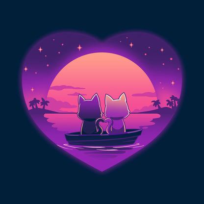 Classic Cotton T-shirt_TeeTurtle Sunset Romance navy blue t-shirt featuring two cats sitting in a boat on calm water, gazing at a colorful sunset framed by a heart shape, with a starry sky and palm trees in the background.