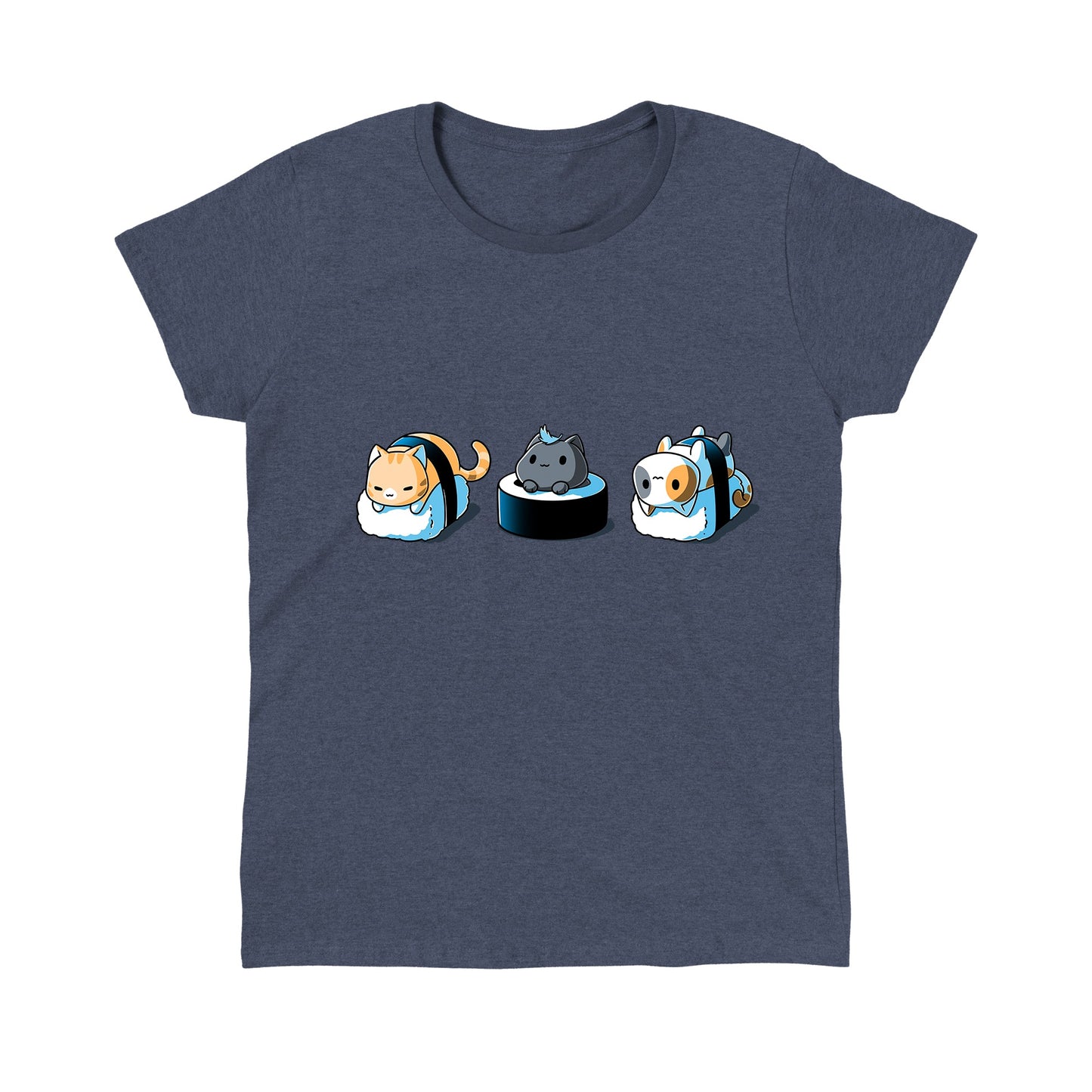 Classic Cotton T-shirt_Teeturtle Sushi Cats heather navy t-shirt featuring three  cats styled as sushi: the left cat wrapped in seaweed on rice, the middle cat atop a rice and seaweed base, and the right cat wrapped in seaweed on rice.