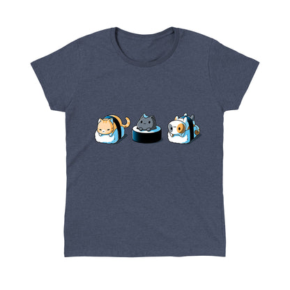 Classic Cotton T-shirt_Teeturtle Sushi Cats heather navy t-shirt featuring three  cats styled as sushi: the left cat wrapped in seaweed on rice, the middle cat atop a rice and seaweed base, and the right cat wrapped in seaweed on rice.