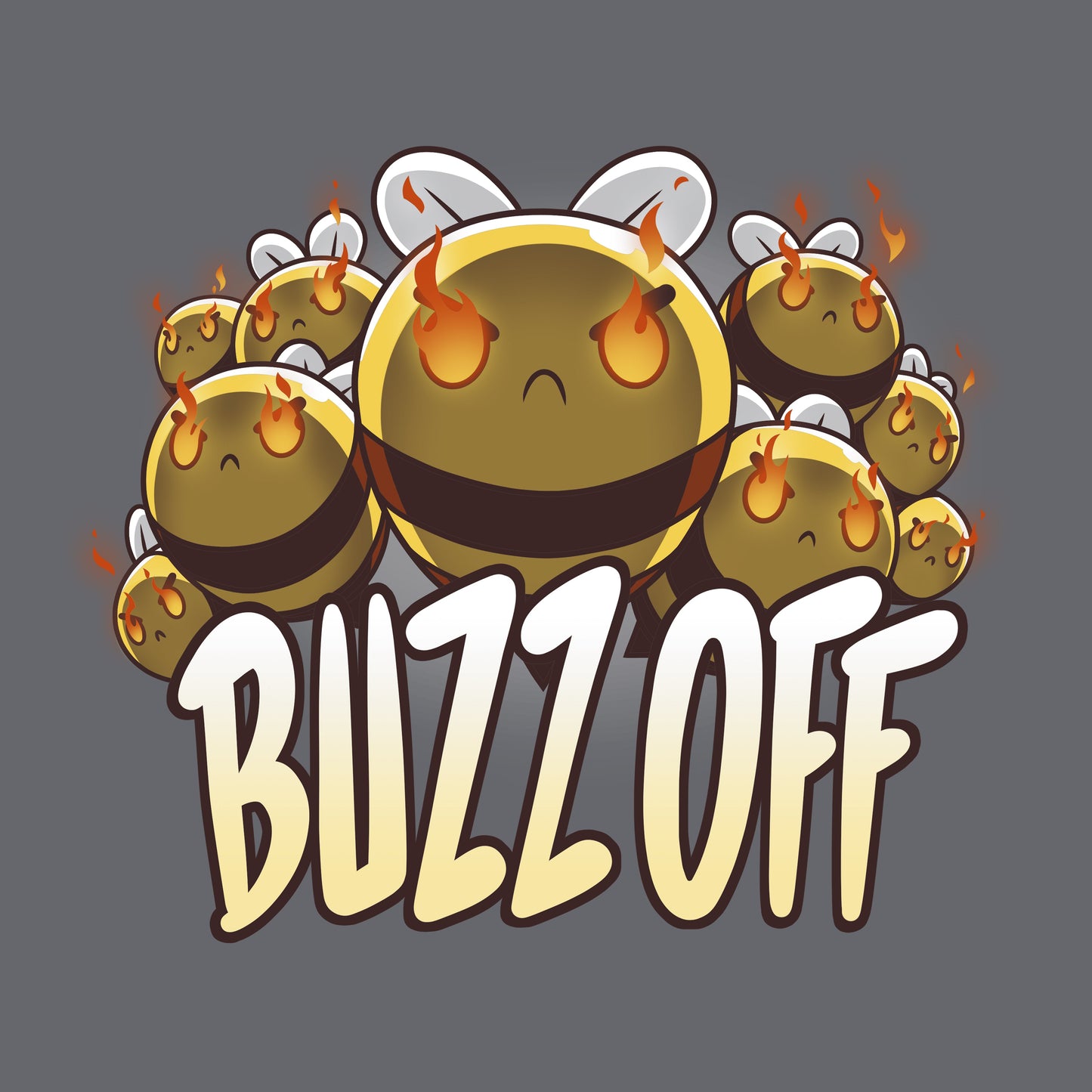 Classic Cotton T-shirt_TeeTurtle Swarm of Fury charcoal gray t-shirt featuring a group of angry bees with flames in their eyes, accompanied by the text "BUZZ OFF" written underneath. 