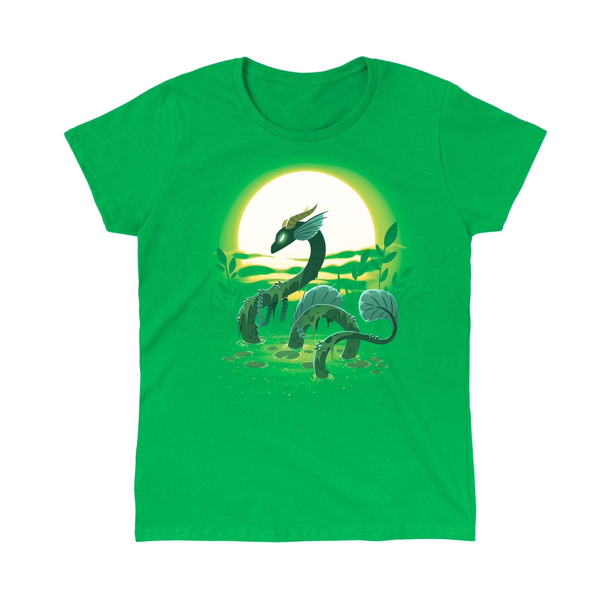 Classic Cotton T-shirt_TeeTurtle Swamp Dragon irish green t-shirt featuring a magical dragon coming up out of a swamp covered in greenery with a sun setting in the background.