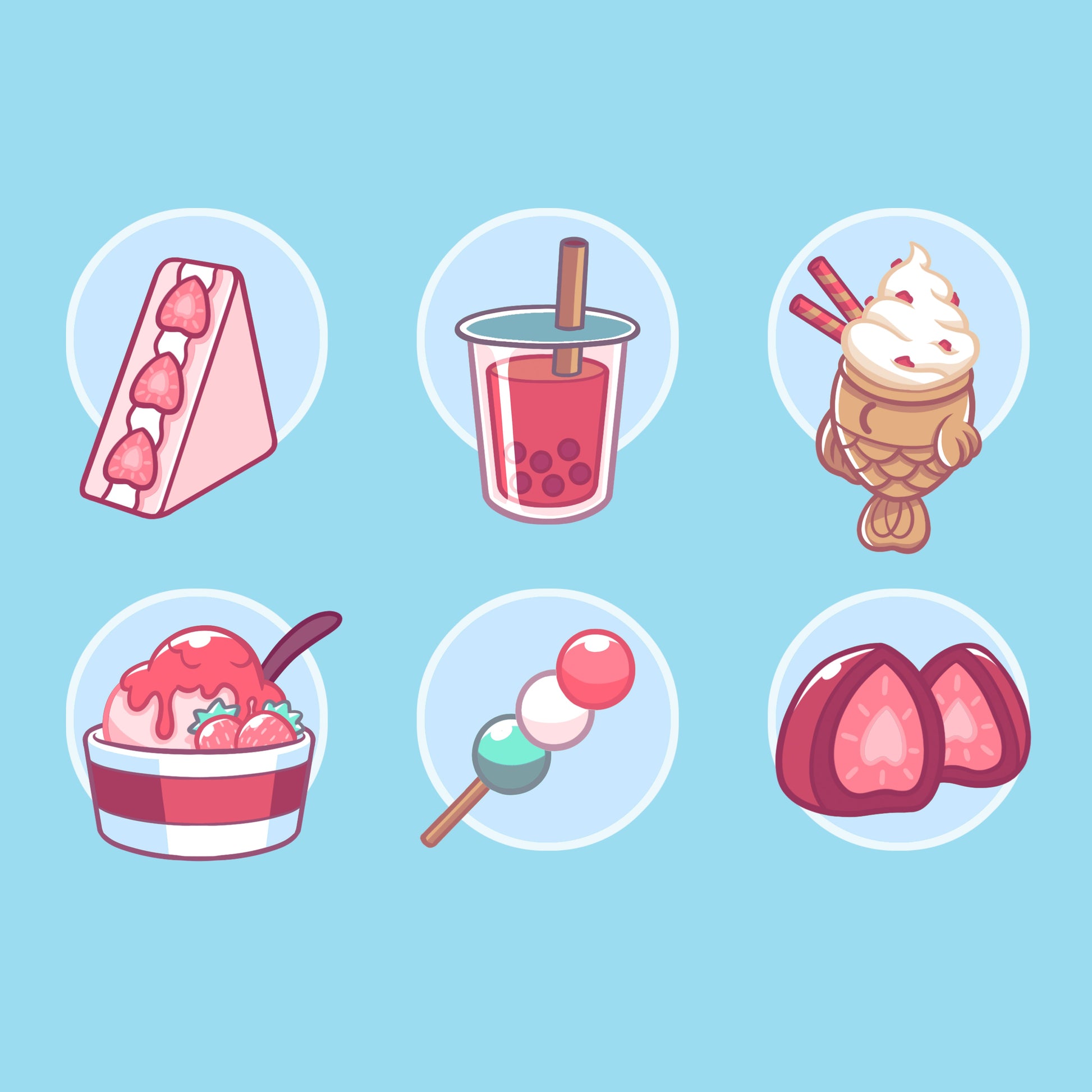 Classic Cotton T-shirt_ Sweet Treats light blue t-shirt featuring an illustration of various sweets, such as  a triangular strawberry cheesecake, pink boba drink, strawberry ice cream, a vanilla milkshake, a small stick of pink, white and green mochi balls, and a strawberry candy.